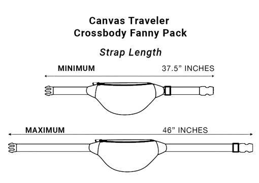Størrelsesguide: justerbar rem 95-117 cm på SYB Canvas Traveler bæltetaske