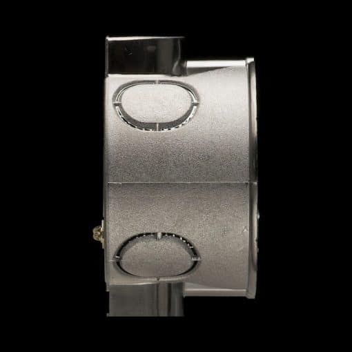 EMF-afskærmet indmuringsdåse, flad (41 mm), i sølvfarvet metal set fra siden.