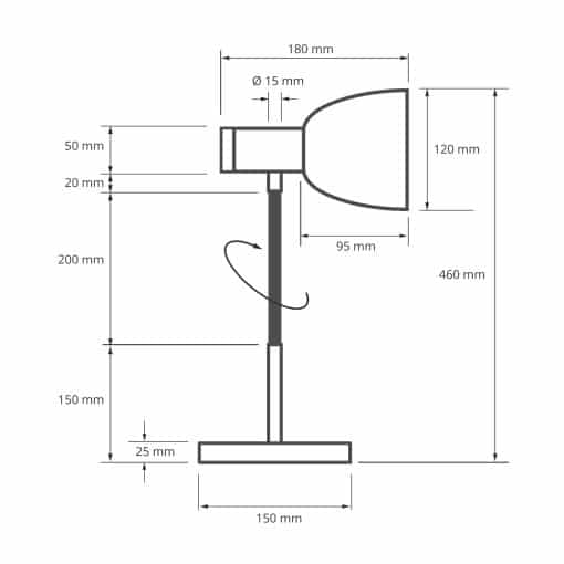 Teknisk tegning af Berlin bordlampe med mål angivet i millimeter, herunder en fod på 150 mm og en samlet højde på 460 mm.