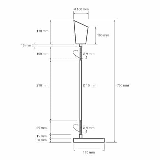 Måltegning af bordlampe Amsterdam: højde 700 mm, fod Ø 160 mm, skærm Ø 100 mm