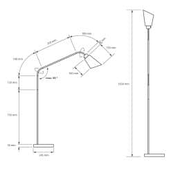 Måltegning af gulvlampe Amsterdam: højde 1650 mm, fod Ø 245 mm, arm 310 mm, hoved kan vippes op til 90 grader
