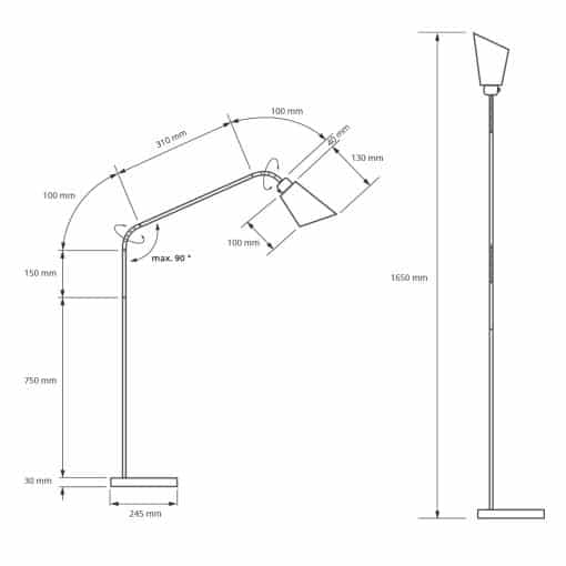 Måltegning af gulvlampe Amsterdam: højde 1650 mm, fod Ø 245 mm, arm 310 mm, hoved kan vippes op til 90 grader