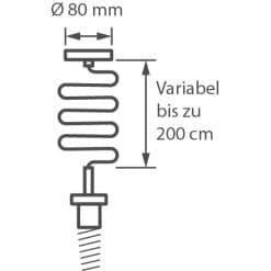 Tegning af det EMF-afskærmede lampeophæng: baldakin Ø 80 mm, ophæng variabelt op til 200 cm