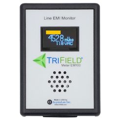 Trifield EM100 Line EMI Meter set forfra, display viser 452,8 mVp-p og 118 VAC - måler til beskidt strøm (dirty electricity)