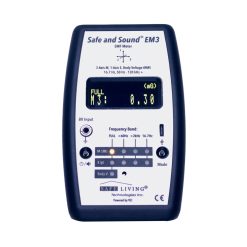 Safe and Sound EM3 lavfrekvensmåler - forside med display og frekvensbånd (magnetfelt, elektrisk felt, kropsspænding)