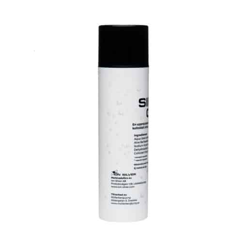 Silver Gel 200 ml fra Ion-Silver, flasken set fra siden med ingredienser og producentoplysninger