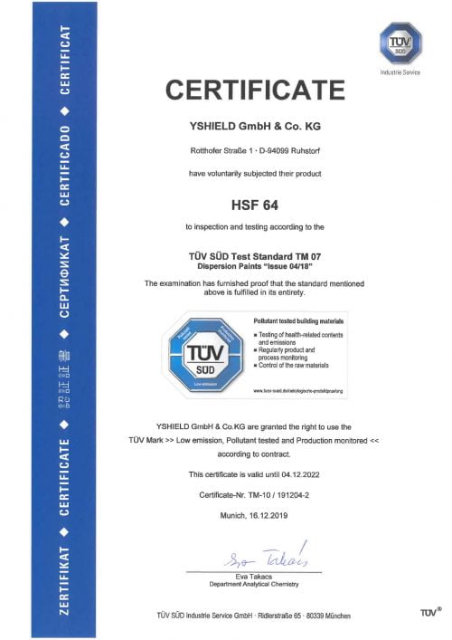 TÜV certifikat for Yshield EMF-afskærmende maling HSF64 (HF+LF)