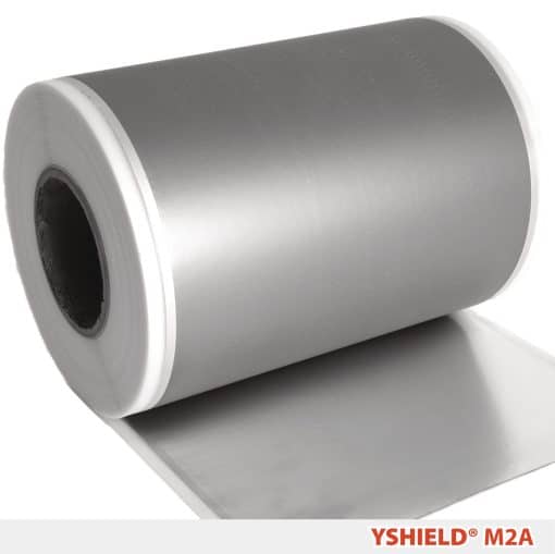 En rulle grå, magnetisk og HF-afskærmende film fra YSHIELD med en løs flade, der ligger fladt på en hvid baggrund.