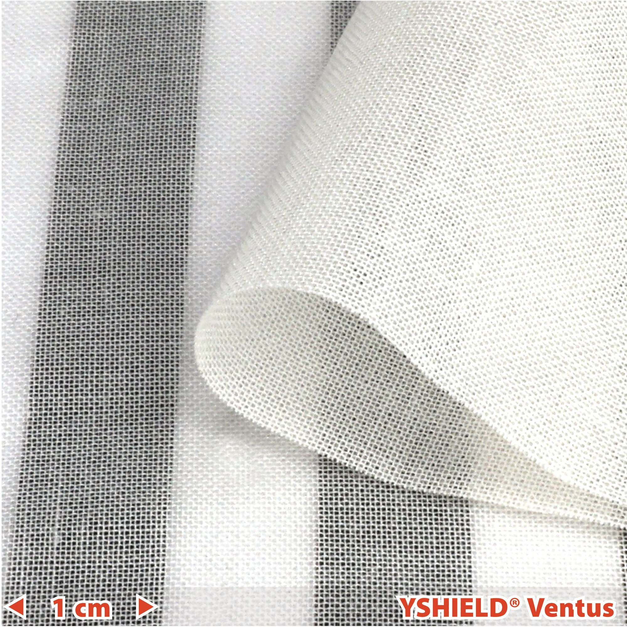 VENTUS® (47 dB) Swiss-Shield stof | Bredde 245 cm | HF 2 VENTUS Swiss-Shield anti-stråling stof - naturhvidt vævet bomuld med usynlig skærmende tråd, vist med 1 cm skala