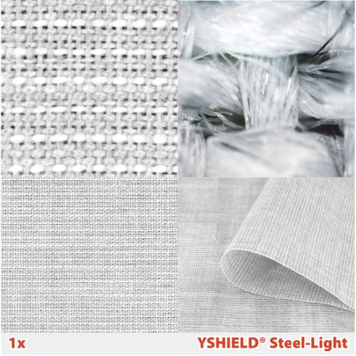 STEEL-LIGHT (42 dB) Yshield stof | Bredde 150 cm | HF+LF 3 Nærbillede af vævningen i Yshield STEEL-LIGHT stof - bomuld, polyester og fibre af rustfrit stål