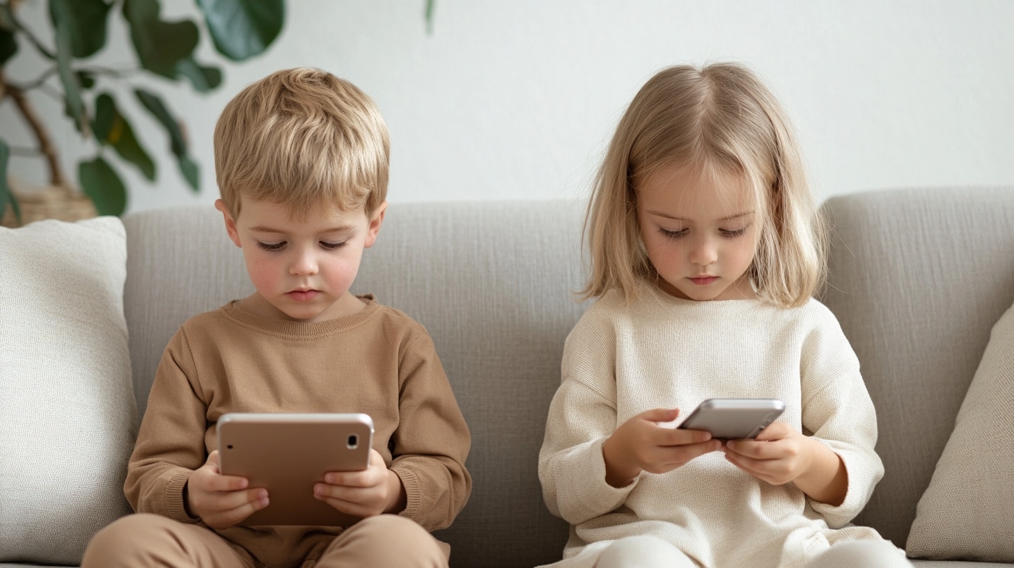 To små børn der sidder med iPad og Smartphone