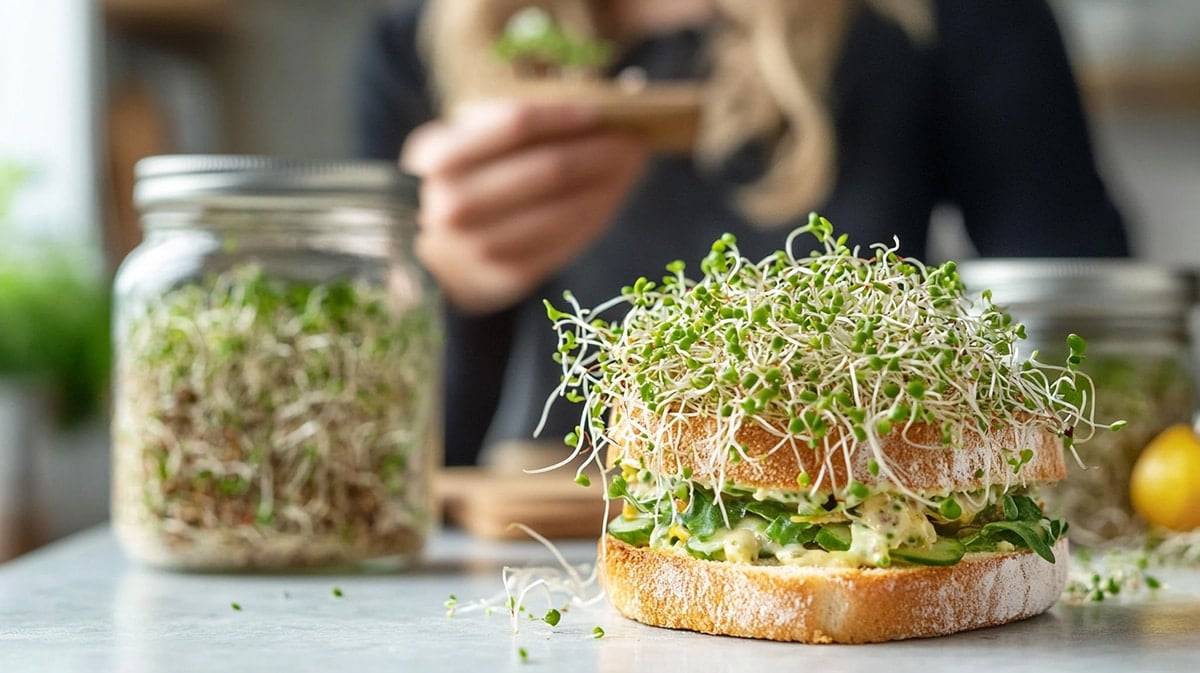 Hjemmedyrkede spirer i en lækker sund sandwich