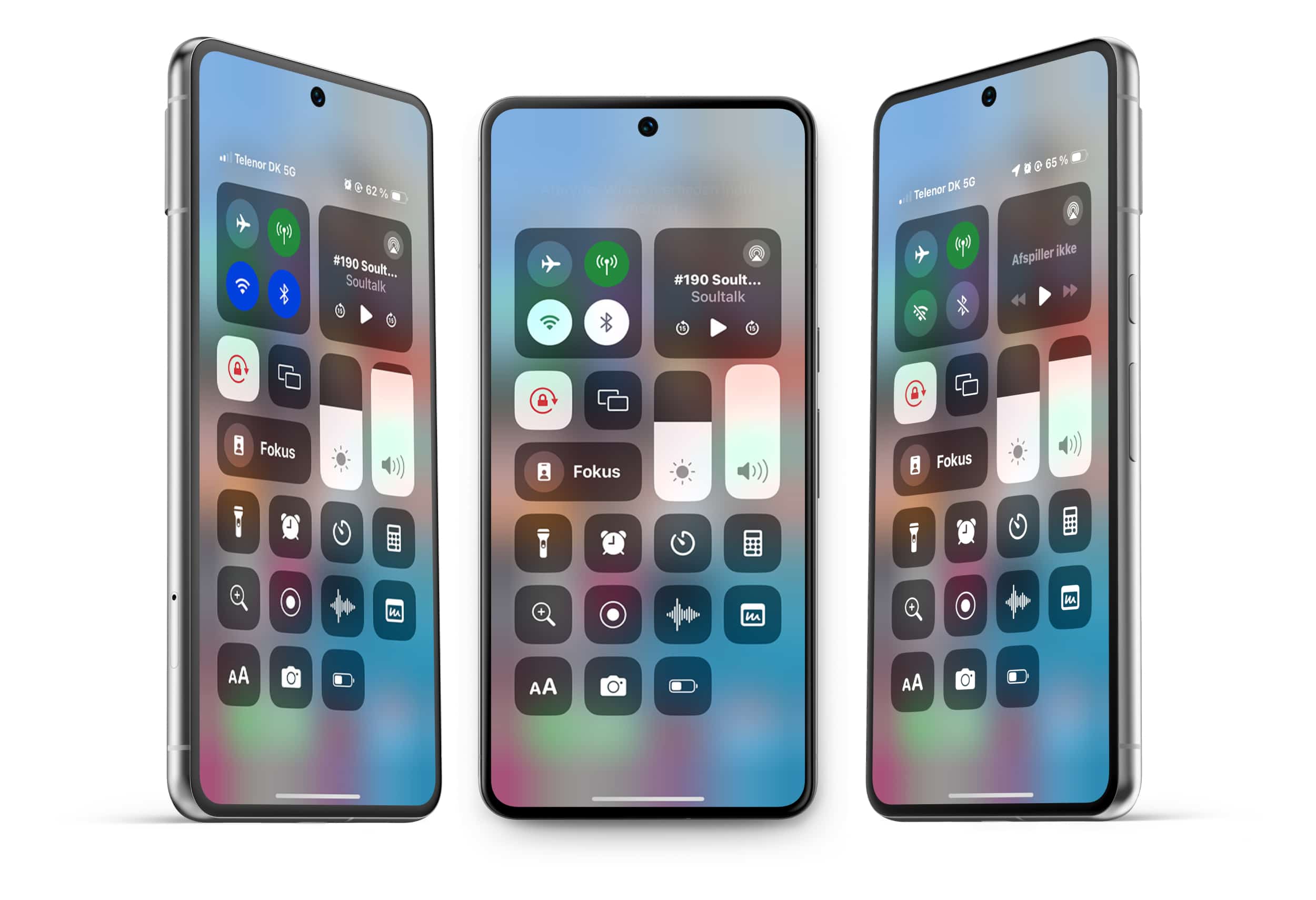 Viser tre iphones, den første har tændt og tilkoblet wifi og bluetooth, den anden har tændt wifi og bluetooth der ikke er tilkoblet forbindelse og den sidste iphone har slukket wifi og bluetooth